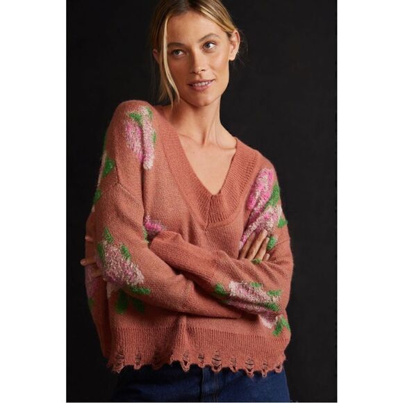 NEW Anthropologie Drop Shoulder V-Neck Pink Rose Floral Oversized Sweater Small - Picture 2 of 5